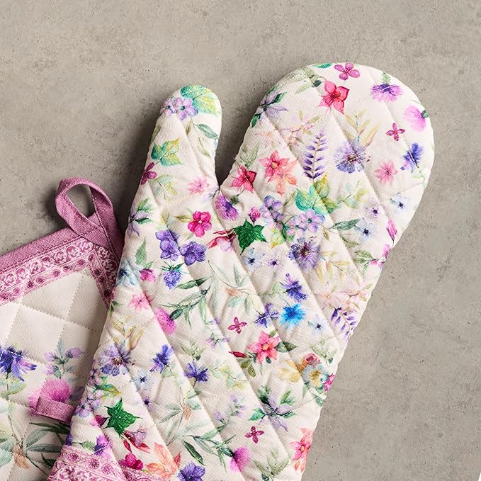 Maison d' Hermine 100% Cotton Oven Mitt & Pot Holder Set (7.5"x13" & 8"x8") Heat Resistant BBQ Cooking Gloves with Loop, Baking, Grilling, Kitchen, Handling Hot Pans Spring/Summer (Chardon)