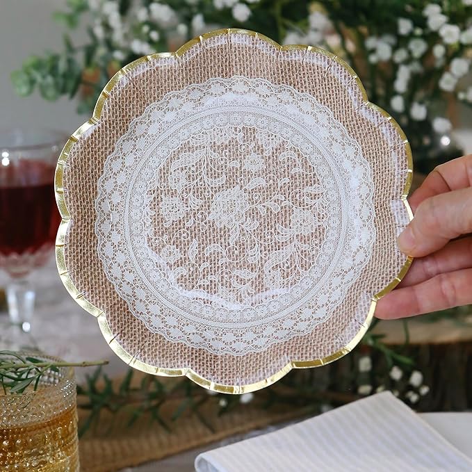 Kate Aspen Burlap & Lace Party Decorations - 62 Piece Rustic Bridal Shower and Wedding Tableware Set for 16 Guests - Disposable Floral Paper Plates and Napkins Party Supplies
