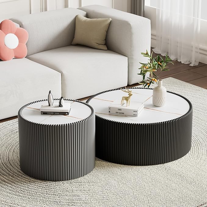 Black Round Coffee Table with Sintered Stone Tabletop, 29.52" Drum Coffee Table with Fluted PU Leather Covered and Stable Base, Circle Cocktail Tea Table for Living Room