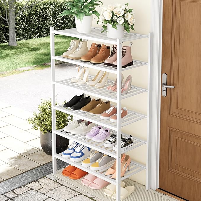 Smiry Shoe Rack, 6 Tier Thick Bamboo Shoe Organizer, Stackable Free Standing Wooden Shoe Storage Shelf for Closet, Entryway, Front Door Entrance, White