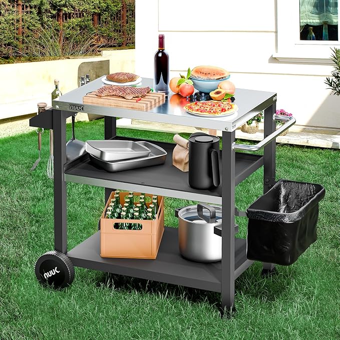 NUUK 3-Shelf Grill Cart for Outdoor with Stainless Steel Top – 20" x 32" Movable Pizza Oven Stand with Wheels Kitchen Prep Table BBQ Cart Worktable