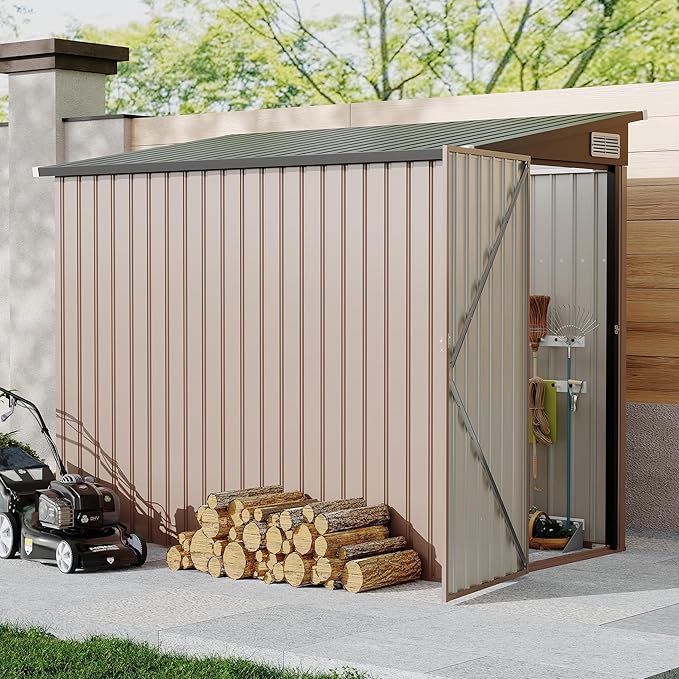 4x8 FT Metal Outdoor Lean to Storage Shed, Lean to Garden Shed Utility Tool Shed, Heavy-Duty Outdoor Metal Wall Side Storage Sheds