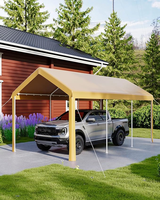 Garvee 10x20 Heavy Duty Carport, Galvanized Steel Outdoor Car Canopy with UV-Resistant & Water-Resistant PE Cover, Portable Garage for SUV, Truck, Boat, Yellow