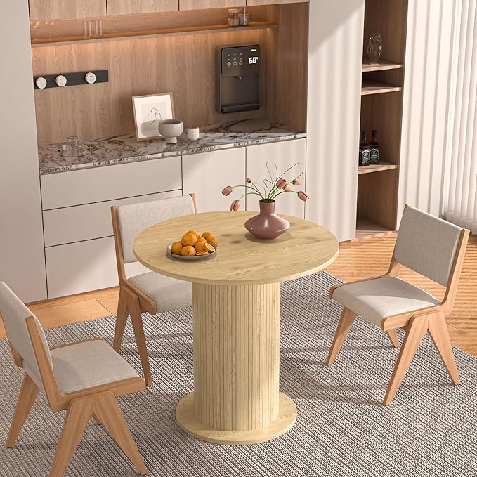 31.5 inch Round Dining Table for 2, Modern Farmhouse Kitchen Table, Small Circle Dining Tables with Wood Strip Base for Kitchen Living Room (Natural)