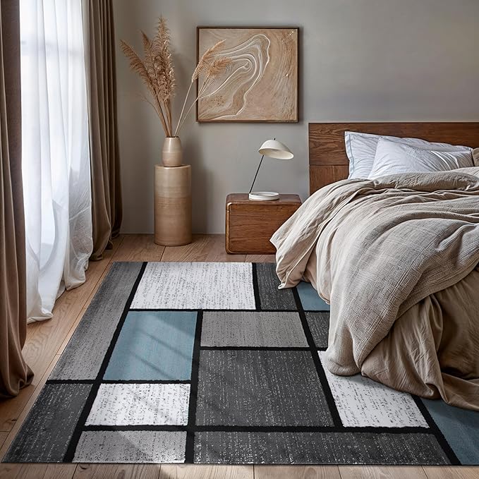 Rugshop Modern Geometric Boxes Blue Area Rug, Non-Shedding Carpet for Living Room,Kitchen, Bedroom, or Home Office, 5'3" x 7'3"