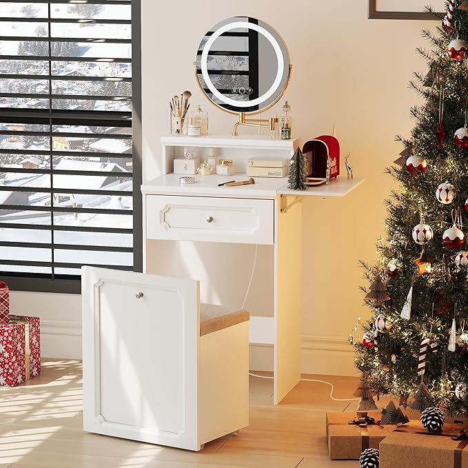 3 in 1 Small Vanity, Makeup Vanity Desk with Rotatable Mirror and Lights, White Make Up Vanity Table with 3 Adjustable Lighted and Chair for Compact Space, Corner Mini Makeup Table with Fold-up Panel