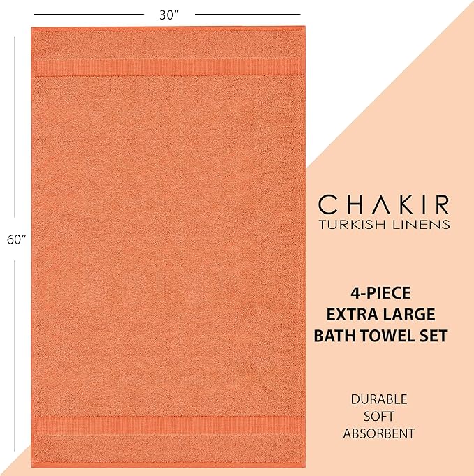 Chakir Turkish Linens | Hotel & Spa Quality 100% Cotton Luxury Turkish Towels | Soft & Absorbent (30x60 Inches Extra Large Bath Towels, Set of 4 - Coral)
