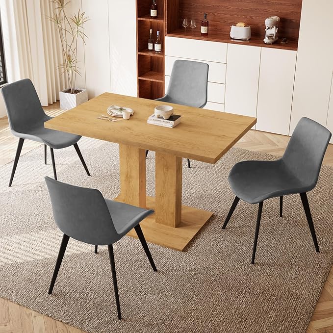 Dining Table Set for 4-6 People, 46 Inch Modern MDF Oak Kitchen Table with 4 Faux Leather Chairs, Rectangular Dining Room Table Set for Home, Small Spaces, Breakfast Nook (Oak Table + 4 Grey Chairs)