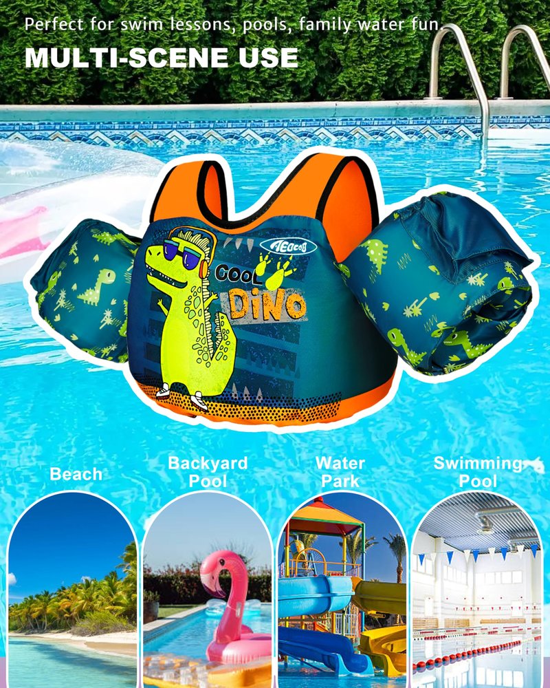 AEOCOO Puddle Float Jumper 30-50-60-70 Pounds, Toddler Swim Vest for 2-3-5-7 Years Old, Pool Floats with Swimming Arm Floaties Swim Jacket for Kids Swimmies, Boys, Girls, Niños, Cool-Dino