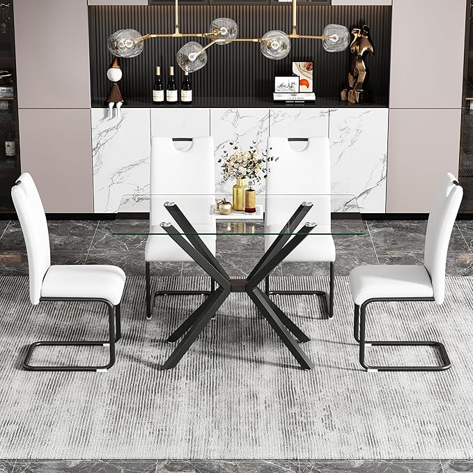 47.24" Rectangular Glass Dining Table Modern Kitchen Glass Top Table for 4 with Black Metal Legs, Clear Dining Table Kitchen Table for Home Office Dining Room