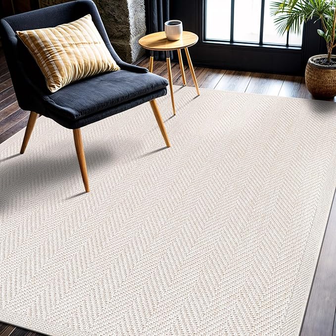 CAMILSON Easy Jute Rug 6x9, Indoor Outdoor Off-White Color Fiber Area Rugs for Living Room Patio and Bedroom Rug Herringbone Seagrass Woven Design Easy-Cleaning, Washable Outside Carpet Alfombras 6x9