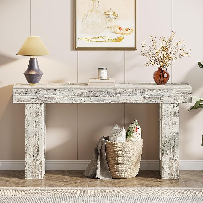 Tribesigns 63-Inch Long Console Table, Wooden Rectangular Sofa Table Behind The Couch, Farmhouse Entryway Table for Entrance, Hallway, Living Room (Distressed White)