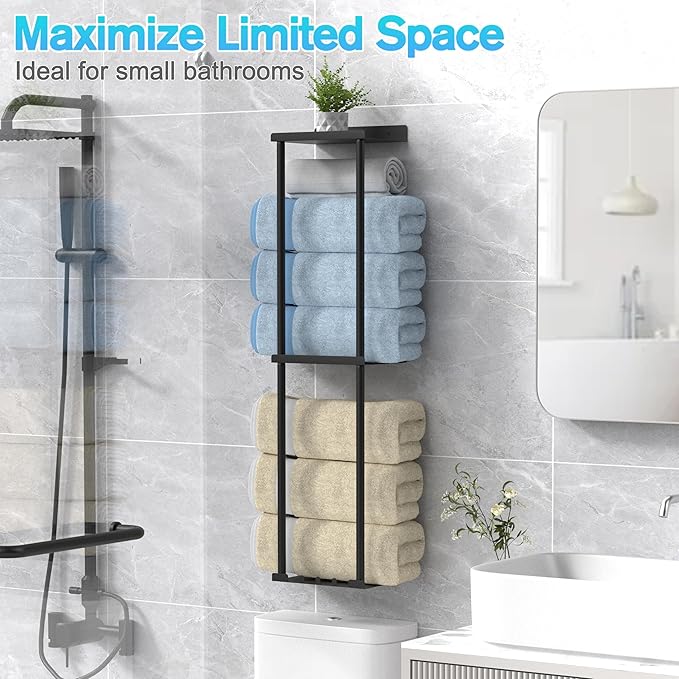 Towel Rack for Bathroom, Wall Mounted Vertical Rolled Towel Storage Organizer Holder with Shelf, Holds Up 6 Large Bath Sheets, Black