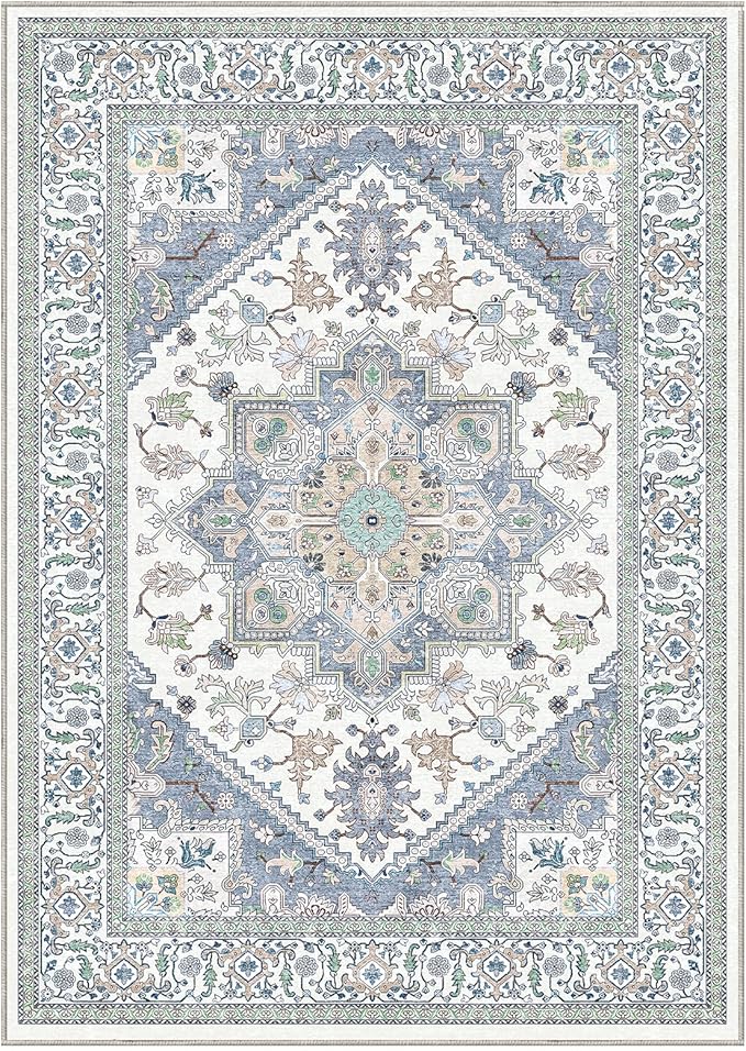 OPPODREAM Thin 10x14 Area Rugs, Washable Rugs 10x14 with Non Slip Backing, Low-Pile Faux Cashmere 10 x 14 Carpet, Purple & Green & Cream