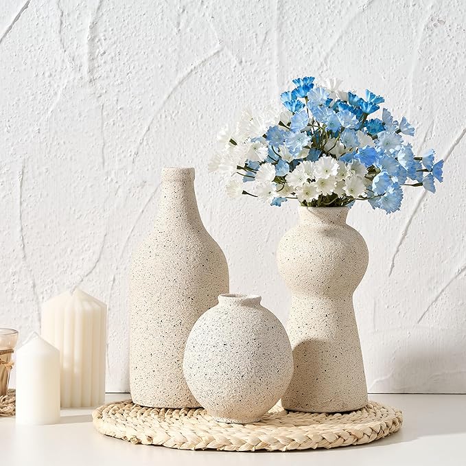 Ceramic Vase Set of 3 for Home Decor, Handcrafted Sesame Dot White Rustic Terracotta Vases, Vintage Farmhouse Decor, Minimalist Decorative Vases for Table Centerpiece Fireplace Nightstand Decoration