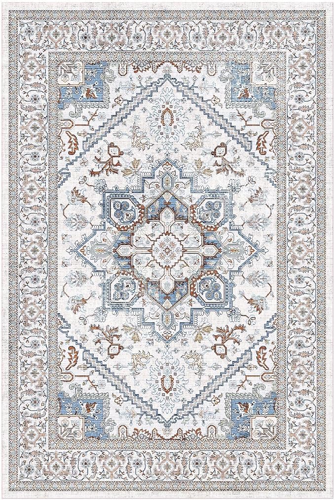 OPPODREAM Thin Neutral Area Rugs 4x6, Low-Pile Washable Rugs 4x6 with Non Slip Backing, Faux Cashmere 4 x 6 Throw Carpet, Cream White & Blue & Light Brown