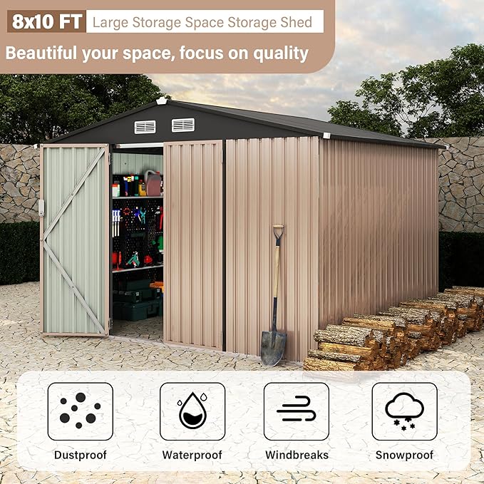 8x10 FT Metal Storage Sheds Outdoor, Metal ToolShed with Lockable Door, Metals Yard Sheds MetalGarden Shed Kit, Metals Utility Sheds Buildings with Air Vent for Backyard Garden Patio Lawn