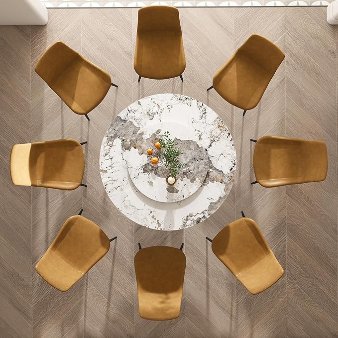 Dining Table Set with 8 Chairs, 53" Round Modern Marble Dining Table with Lazy Susan, Sintered Stone Top for Kitchen, Dining Room, Dinette