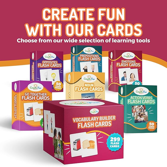 299 Vocabulary Builder Flash Cards, Educational Photo Cards for Home, Speech Therapy Materials, ESL Teaching Materials Includes Emotions, Matching Go Togethers, Nouns, Opposites, Prepositions, Verbs