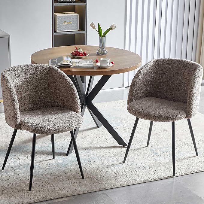Dining Table Set for 2 with Chairs, 37" Engineered Wood Round Table Wipe Clean with 2 Fluffy Sherpa Arm Chairs, Modern Dinette Set with Metal Legs for Breakfast, Dining Room, Coffee Shop