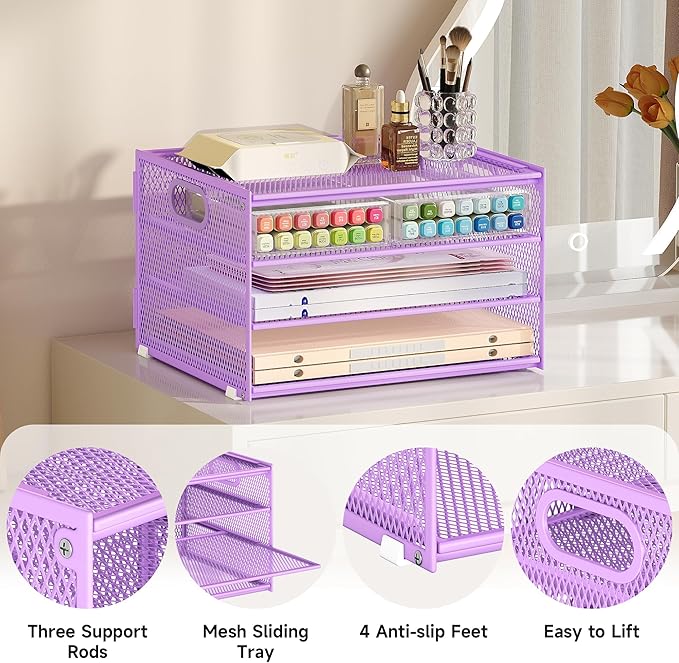 Subekyu Paper Letter Tray Organizer for Desk, Purple Metal Mesh Desk File Sorter Organizer with Handle and 2 Sliding Trays for Home Office School Supplies Organization
