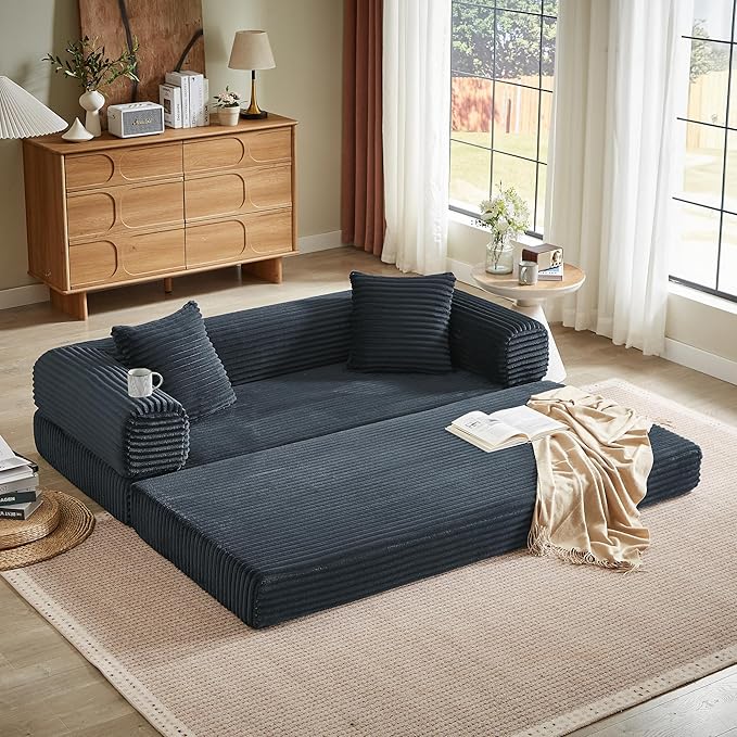 Boneless Couch Sofa Bed Sectional Couches for Living Room,Futon Cloud Couch with Sleeper Sofa,Sofas for Living Room Oversized Corduroy Upholstered (Dark Grey)