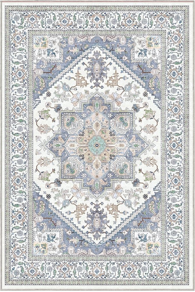 OPPODREAM Thin Throw Rugs 2x3, Small Washable Entryway Rugs 2 x 3 with Non Slip Backing, Low-Pile Faux Cashmere 2 x 3 Carpet, Purple & Green & Cream