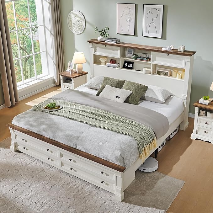 Farmhouse King Size Bed Frame with 54" Tall Storage Bookcase Headboard, Wood Platform Bed Frame with 2 Drawers & 18" Tall Roman Column Decoration Footboard, No Box Spring Needed(Antique White)