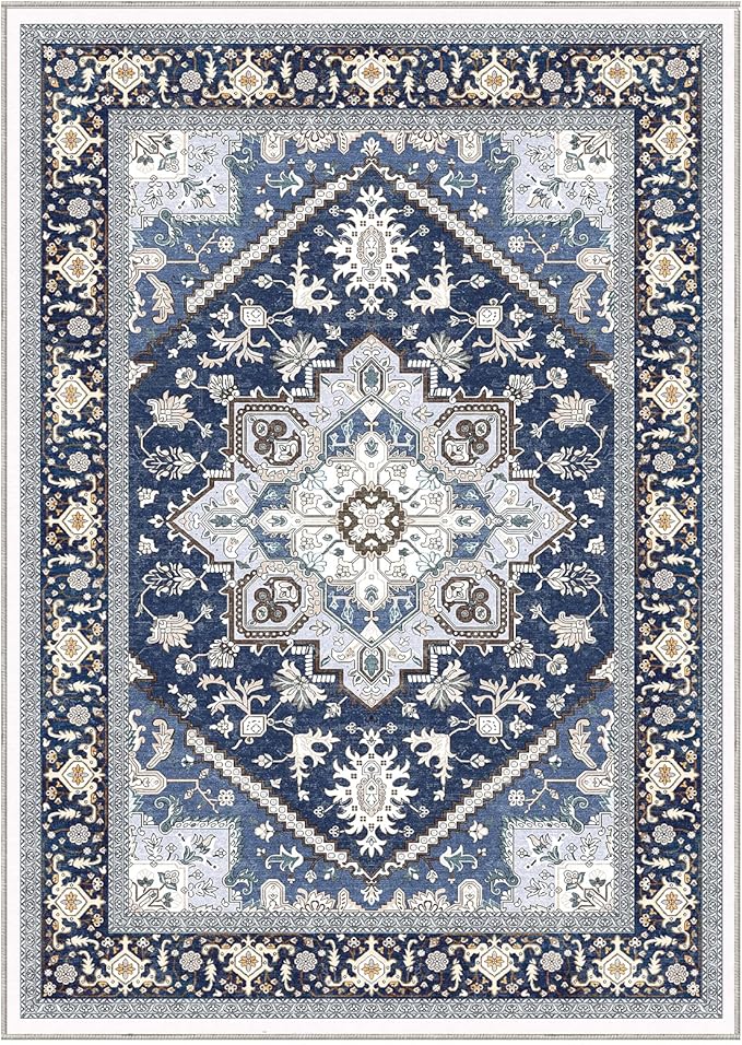 OPPODREAM Thin 10x14 Area Rugs, Washable Rugs 10x14 with Non Slip Backing, Low-Pile Faux Cashmere 10 x 14 Carpet, Navy Blue & Gold