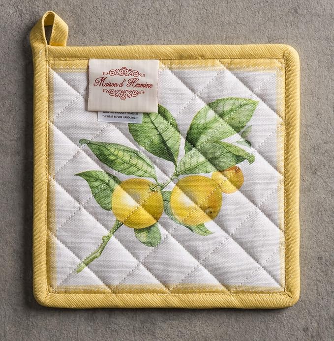 Maison d' Hermine Pot Holders Set 100% Cotton Heat Resistant Potholders 8" x 8" Hot Pads with Loop BBQ, Cooking, Baking, Grilling, Kitchen, Handling Hot Pans Spring/Summer (Pack of 2, Limoncello)