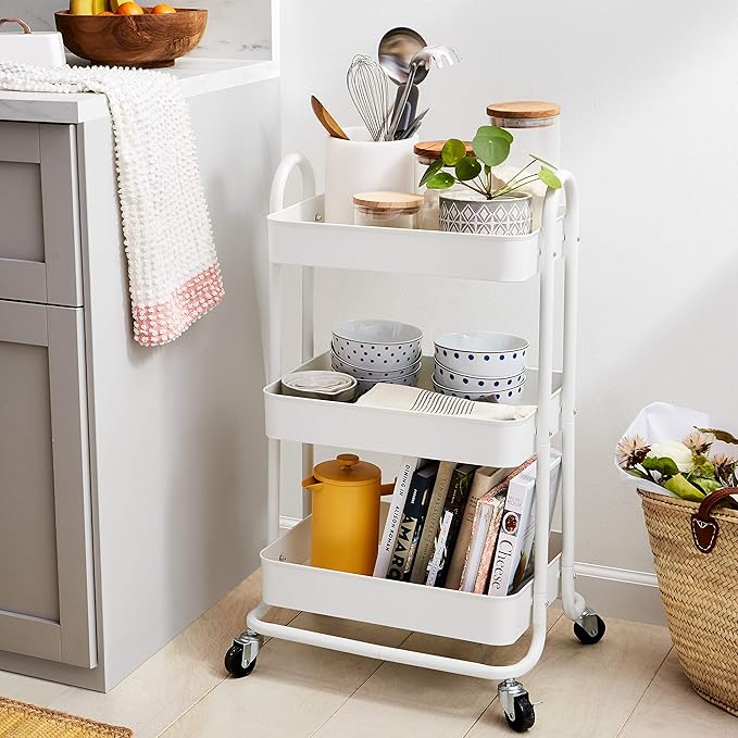 Amazon Basics 3-Tier Rolling Utility Cart, Storage Organizer, Lockable Wheels, Multifunctional Storage, Portable Mobile Shelving Unit, White