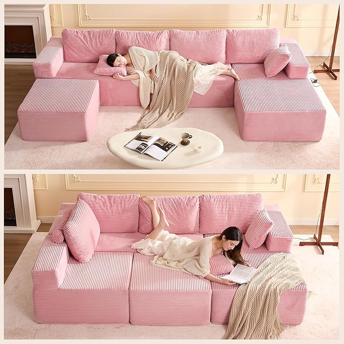 138" Boneless Couch with Deep Seat, Modular Sectional Sofa, Cloud Sectional Couch for Living Room, No Assembly Required, Corduroy, U-Shape 4 Seater Right, Pink
