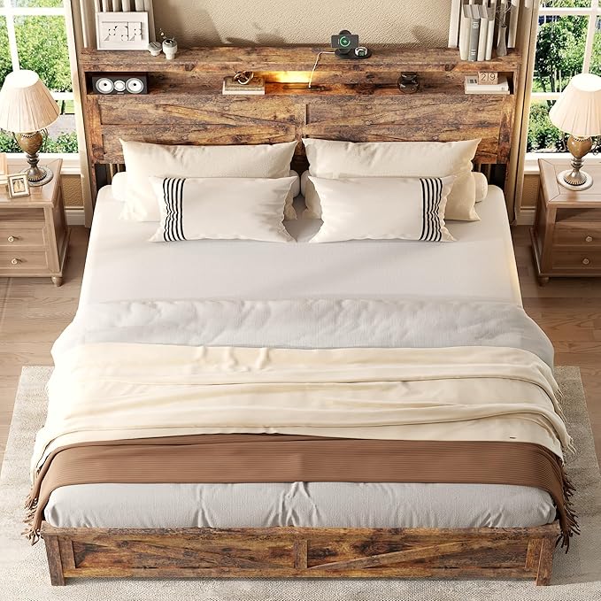 Farmhouse King Size Bed Frame with Headboard Storage Shelf, Wood Platform Bed Frame with LED Lights & Charging Station, Rustic Brown Metal Bed, No Box Spring Needed, Noise-Free Sturdy Structure