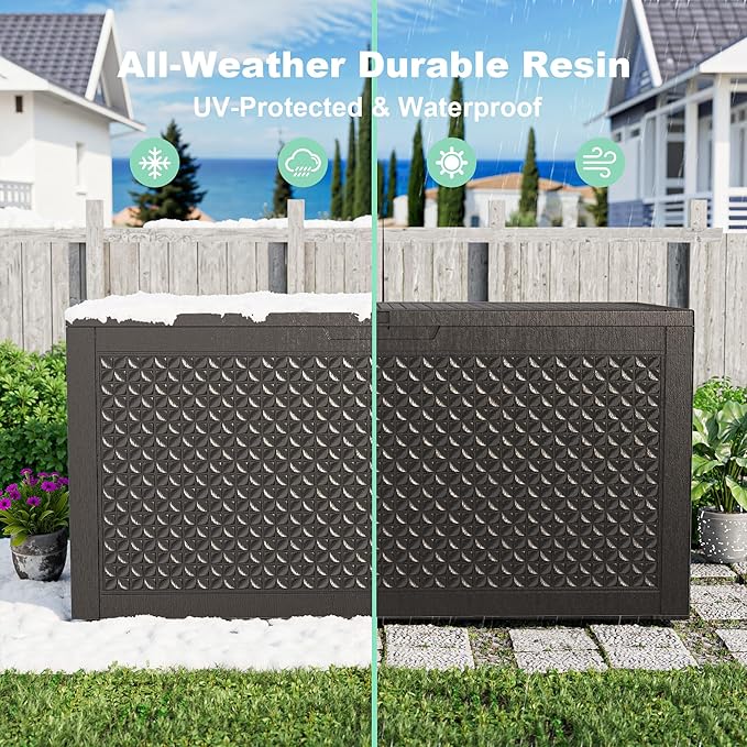 100 Gallon Resin Deck Box, Lockable Outdoor Storage Box for Patio Cushions Storage Furniture,Garden Tools, Pool Supplies, Weatherproof and UV Resistant(Black L)