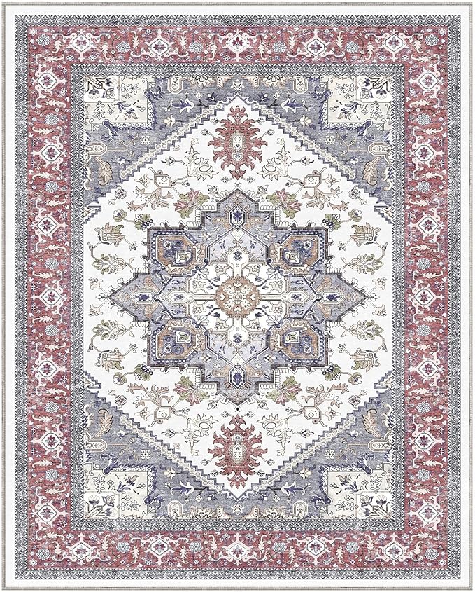 OPPODREAM Thin 8x10 Area Rugs, Washable Rugs 8x10 with Non Slip Backing, Faux Cashmere Low-Pile 8 x 10 Carpet, Red & Grey