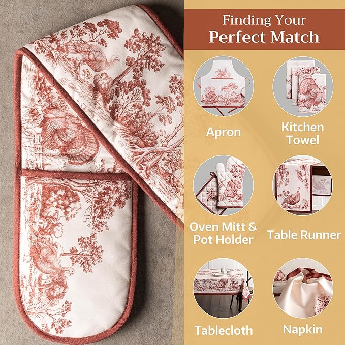 Maison d' Hermine Double Oven Mitt (7" x 35") 100% Cotton Heat Resistant BBQ Cooking Gloves with Loop for Thanksgiving Christmas Decorations Baking Cooking Handling Hot Pan (Holy Jouy - Brown)