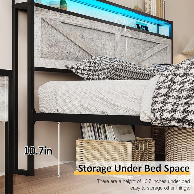 Vabches Full Size Bed Frame with Headboard and Charging Station, Wash Grey Platform Bed Frame with Led Light, No Box Spring Needed, Noise Free Farmhouse Bedroom Set