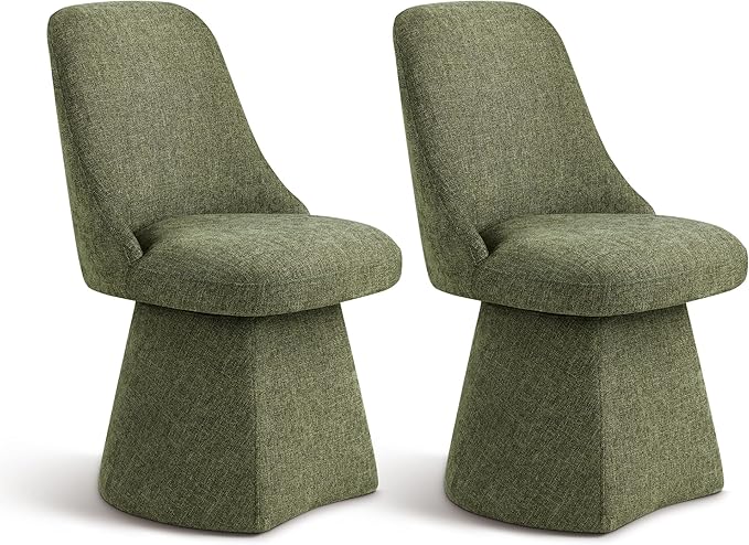 Swivel Dining Chairs Set of 2, Upholstered Mid Century Modern Deskchair with High Back, Linen Fabric Kitchen Chairs for Dining Room, Bedroom, Dressing Room, Moss Green