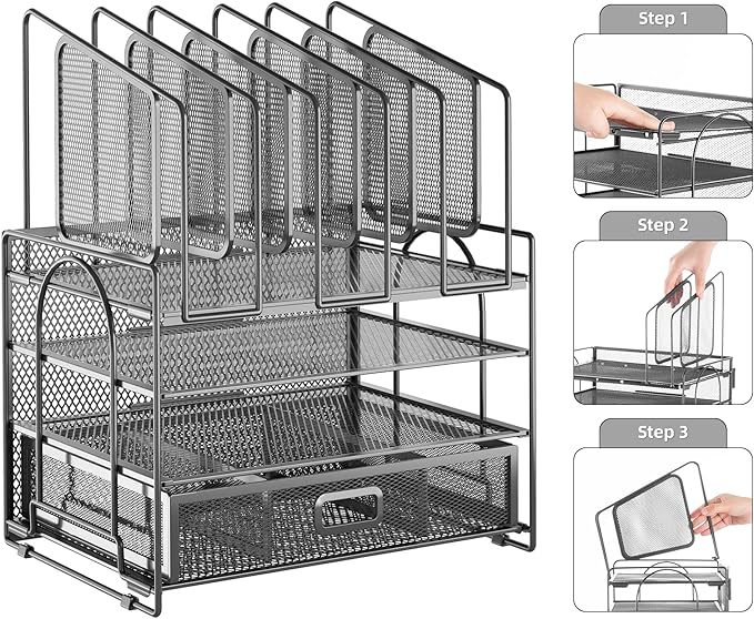 Marbrasse Desk Organizers, 4-Tier Mesh Desk File Organizer with 5 Vertical File Holders and 2 Pen Holders, Multifunction Desktop Organizer,Desk Organizers and Accessories for Home Office (Gray)