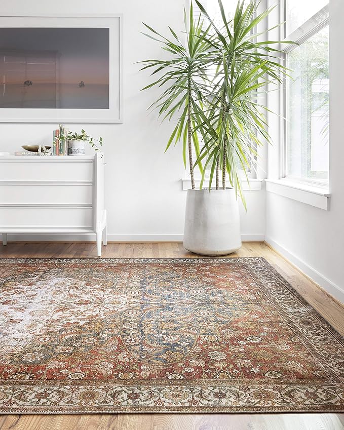 Loloi Layla Collection LAY-05 Ocean/Multi 2'-6" x 12'-0" .13" Thick Runner Rug, Soft, Durable, Vintage Inspired, Distressed, Low Pile, Non-Shedding, Easy Clean, Printed, Living Room Rug
