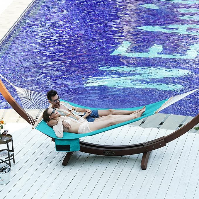 Lazy Daze Hammocks 11 FT Double Outside Hammock Quick Dry Olefin Fabric Hammock with Spreader Bar & Side Pocket for Outdoor Poolside Backyard 450 lbs Capacity, Turquoise