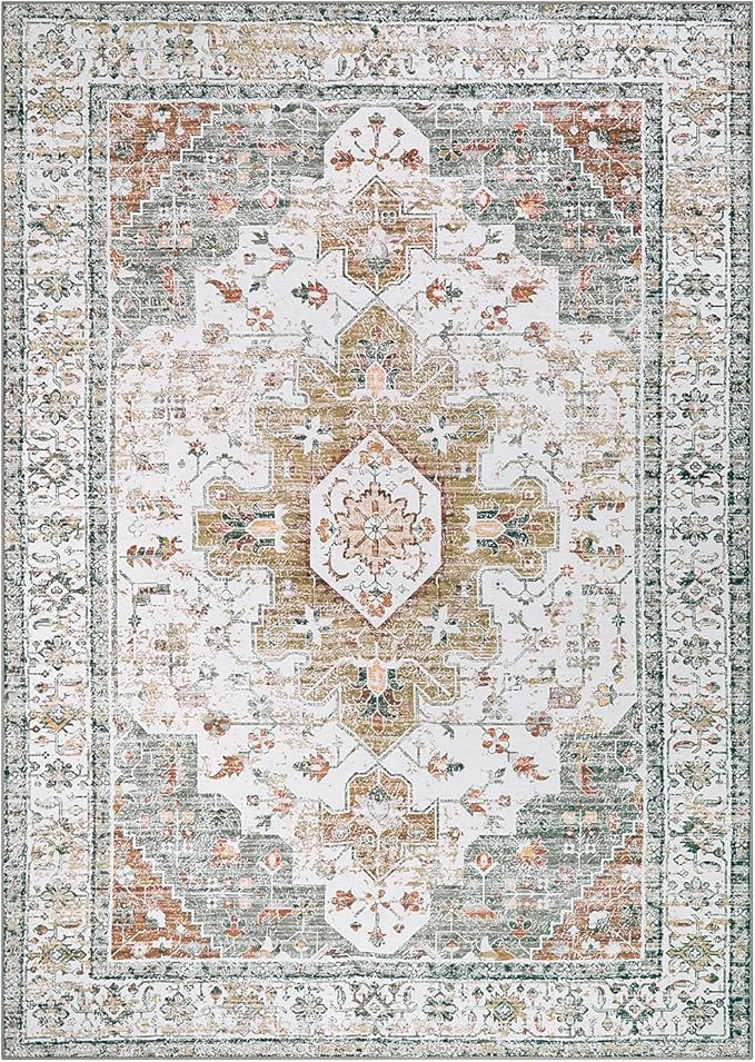 Moynesa Ultra-Thin Washable Area Rug - 5x7 Rugs for Living Room Washable Rugs for Bedroom Soft Office Mat, Printed Low Pile Accent Dining Room Carpet for Basement Nursery Playroom, Beige/Gold