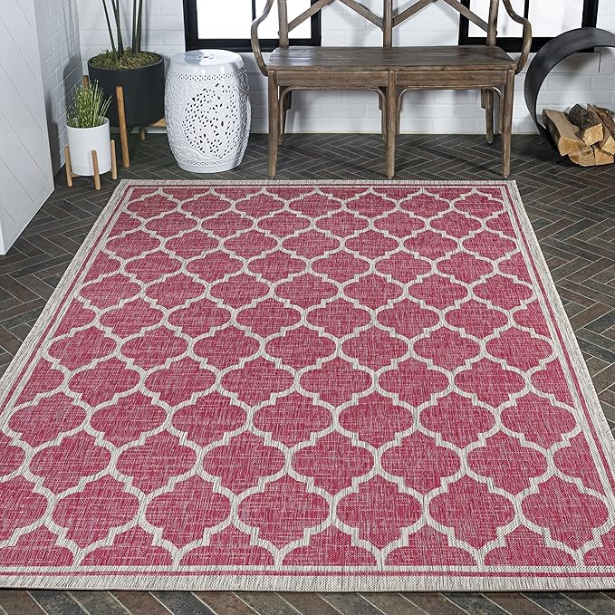 Eyely BMS109H-3 Santa Monica Trebol Moroccan Trellis Textured Weave Indoor/Outdoor Area Rug Coastal;Bohemian, Bedroom, Backyard, Patio, Easy-Cleaning, Non-Shedding, 3 X 5, Fuchsia/Light Gray