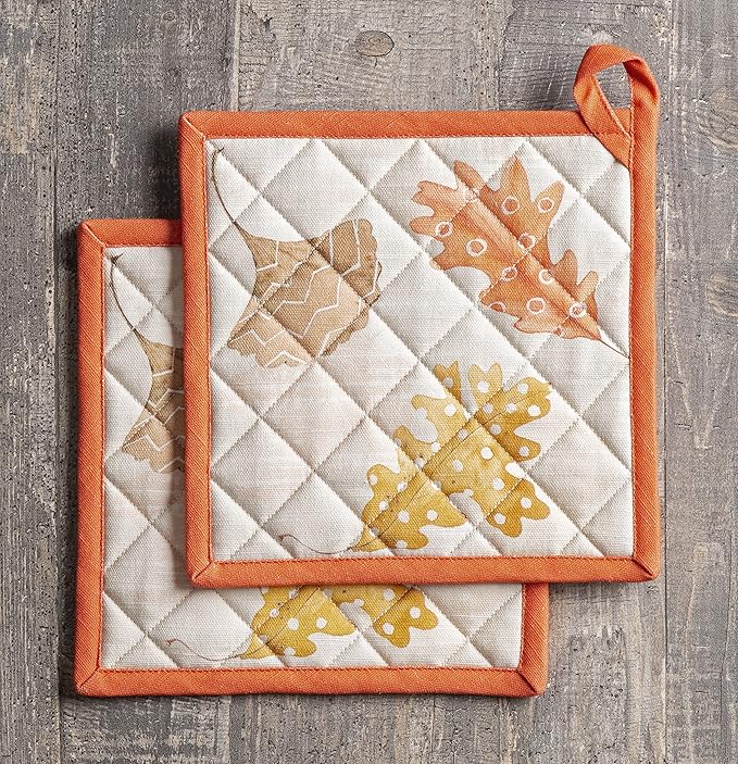 Maison d' Hermine Pot Holders Set 100% Cotton Heat Resistant Potholders 8" x 8" Hot Pads with Loop for Thanksgiving Christmas Decorations BBQ Baking Handling Hot Pans (Pack of 2, Colours of Autumn)