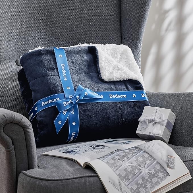 Bedsure Sherpa Fleece Blankets King Size for Bed - Thick and Warm, Soft Fuzzy Plush King Blanket for Winter, Navy, 108x90 Inches