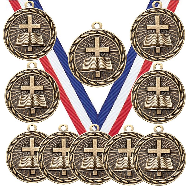 10 Pack of Religion Religious Bible Cross Gold Medals Trophy Award with Neck Ribbons MA