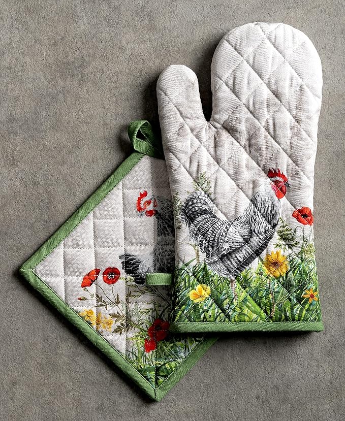Maison d' Hermine 100% Cotton Oven Mitt & Pot Holder Set (7.5"x13" & 8"x8") Heat Resistant BBQ Cooking Gloves with Loop, Baking, Grilling, Kitchen, Handling Hot Pans Spring/Summer (Basse Cour)
