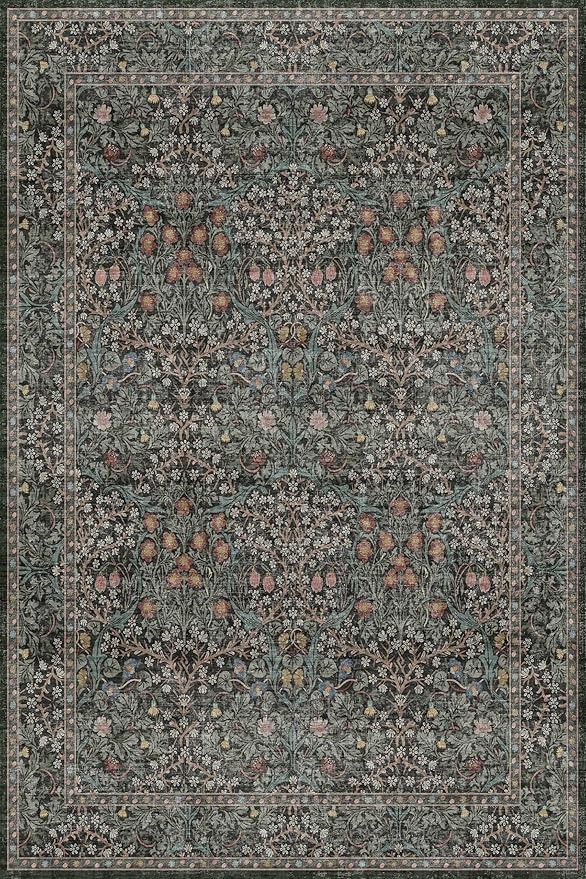 Dark Green 2x4 Rug Runner, Entryway Rugs, Small Runners for Kitchen, Door Mat Indoor Entrance, Bathroom, Non-Slip Low-Pile Washable Stain Resistant, Vintage Floral Design
