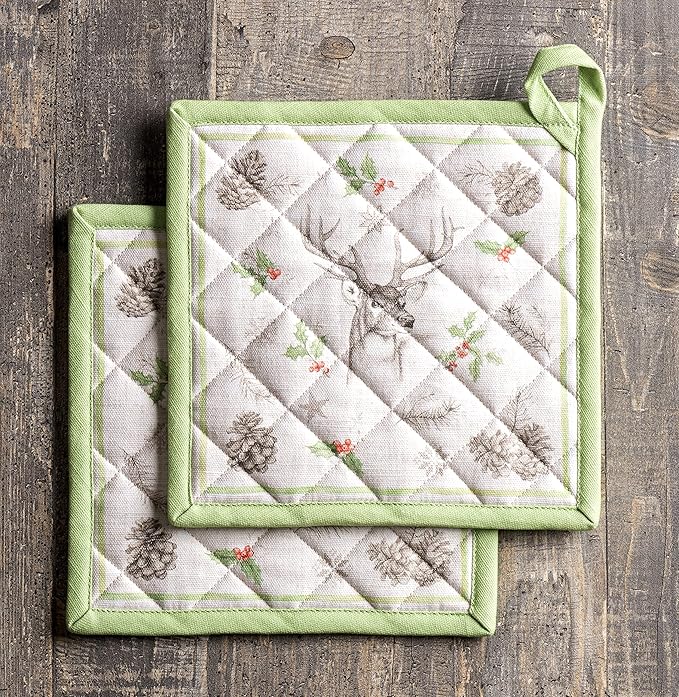 Maison d' Hermine Pot Holders Set 100% Cotton Heat Resistant Potholders 8" x 8" Hot Pads with Loop for Thanksgiving Christmas Decorations BBQ Baking Handling Hot Pans (Pack of 2, Christmas Dew)