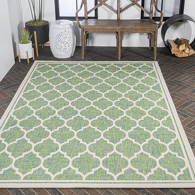 Eyely BMS109I-3 Santa Monica Trebol Moroccan Trellis Textured Weave Indoor/Outdoor Area Rug Coastal;Bohemian, Bedroom, Backyard, Patio, Easy-Cleaning, Non-Shedding, 3 X 5, Cream/Green